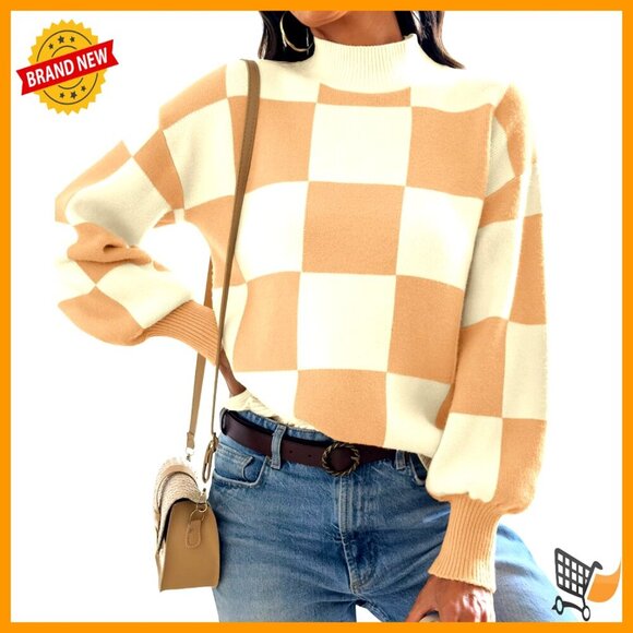 Sweaters - Ribbed Knit Pullover Turtleneck Plaid Loose Fit Trendy Office Sweater